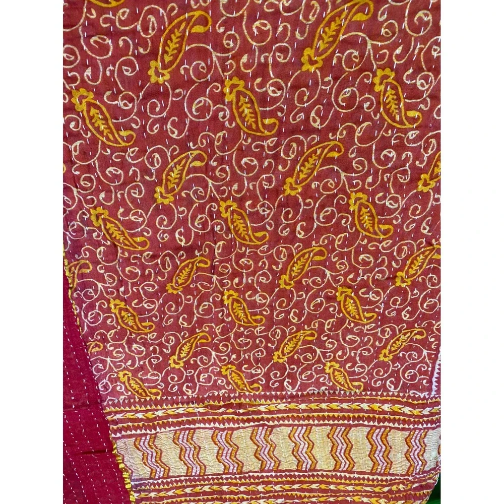 Kantha Quilt Reversible Hand Stitched Cotton Patchwork Throw Blanket Red Boho